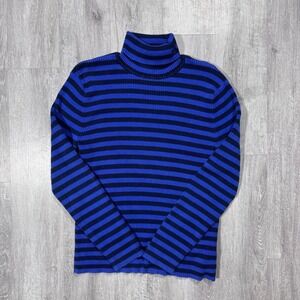 Ralph Lauren Women's Blue Black Striped Ribbed Turtleneck Sweater